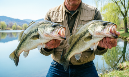 Два большеротых окуня в руках у рыбака
