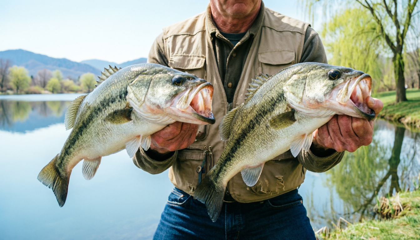 Два большеротых окуня в руках у рыбака