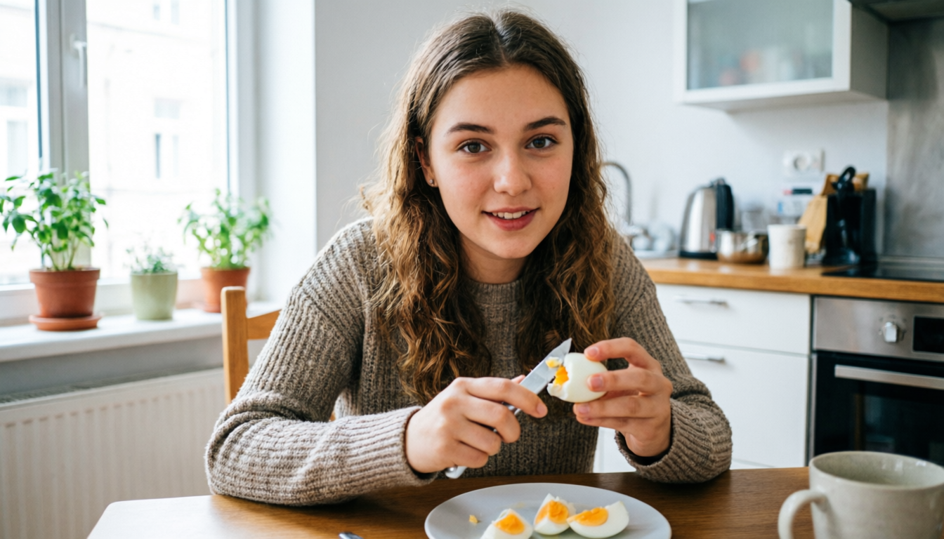 Девушка чистит варёное яйцо