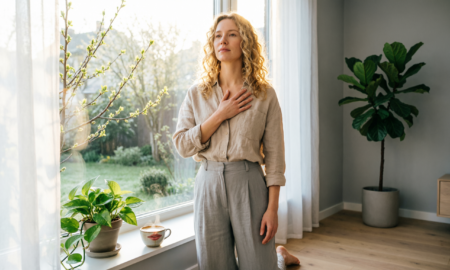 Женщина с рукой у сердца