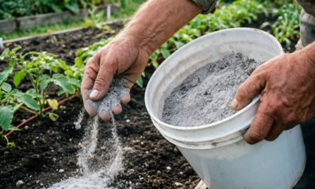 Фермер удобряет огород золой