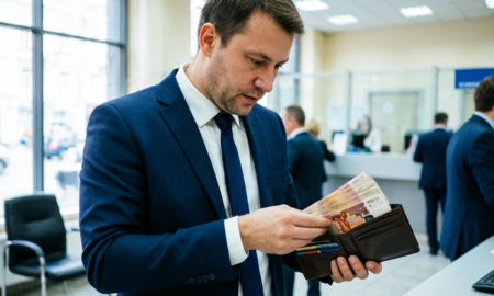 Офисный работник пересчитывает деньги