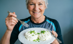Спортивная пенсионерка ест творог
