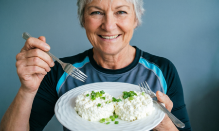Спортивная пенсионерка ест творог