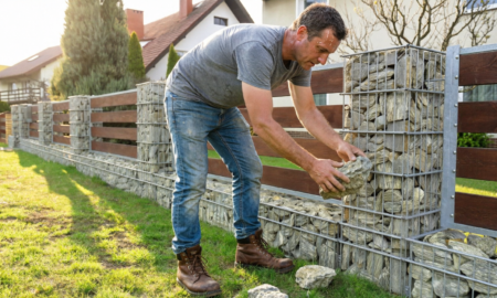 Мужчина чинит забор из габионов