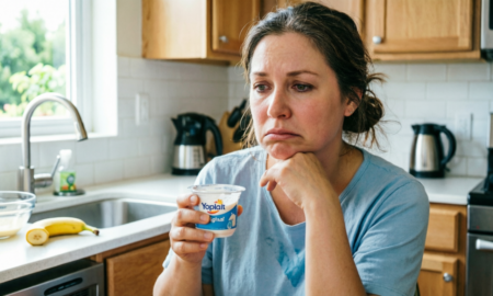 Женщина завтракает йогуртом