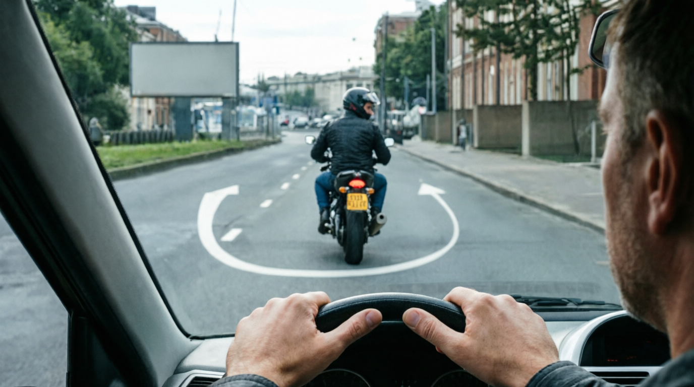 Мотоциклист выполняет разворот