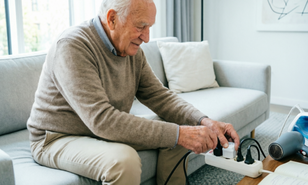 Пенсионер включает электроприборы в удлинитель