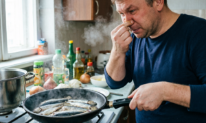 Мужчина жарит селёдку
