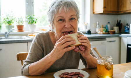 Пожилая женщина ест бутерброд с колбасой