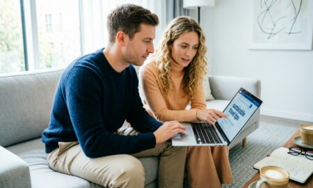 Пара изучает информацию в интернете