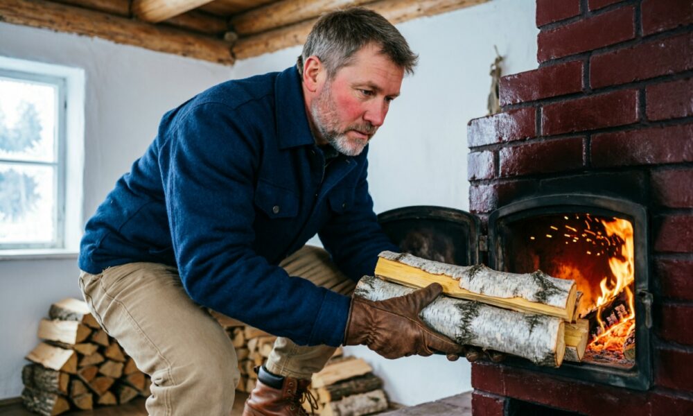 Мужчина топит печь