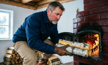 Мужчина топит печь