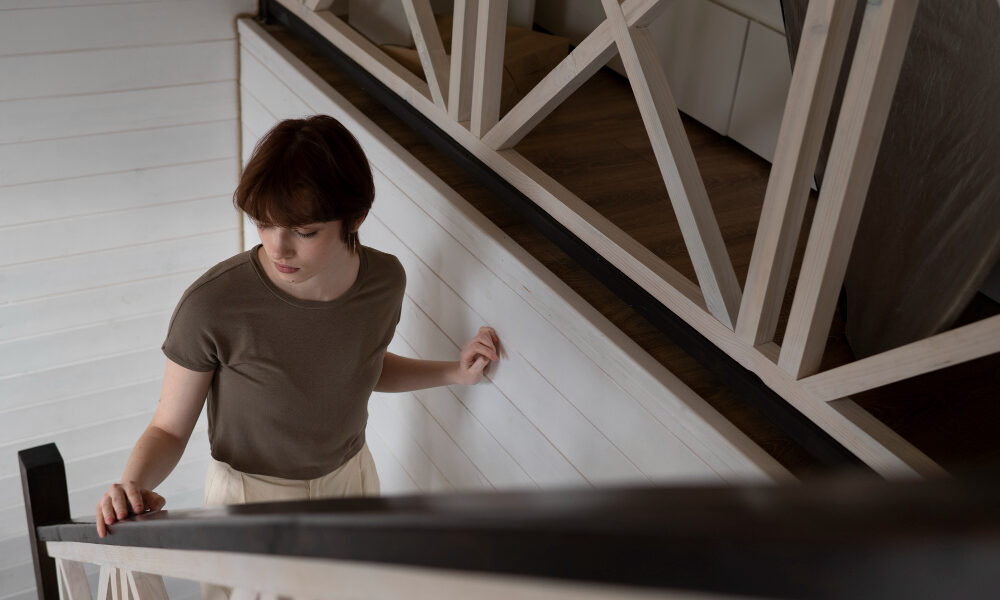 Девушка поднимается по лестнице в доме.