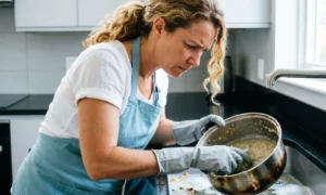 Женщина моет кастрюлю