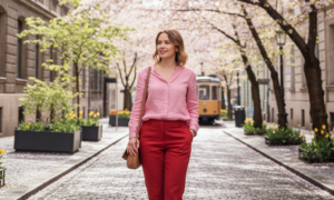 Девушка гуляет в красных брюках