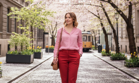 Девушка гуляет в красных брюках