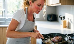 Женщина жарит стейк