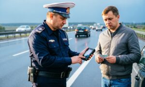 Инспектор штрафует водителя