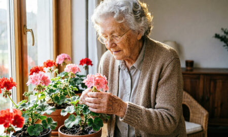 Бабушка выращивает герань