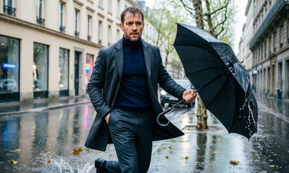 Мужчина гуляет под сильным дождём