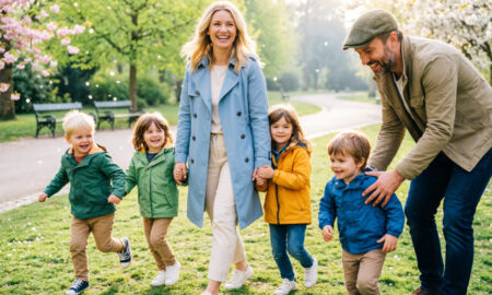 многодетная семья гуляет по парку