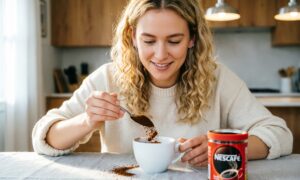 Девушка сыпет в чашку растворимый кофе