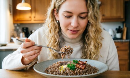 Девушка завтракает гречкой