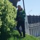 Озеленитель Великого Новгорода стрижет кустарники на набережной Александра Невского рядом с мостом.