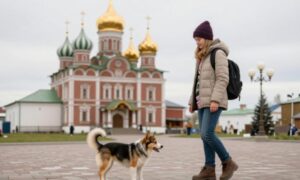 Девушка с собакой путешествую по России