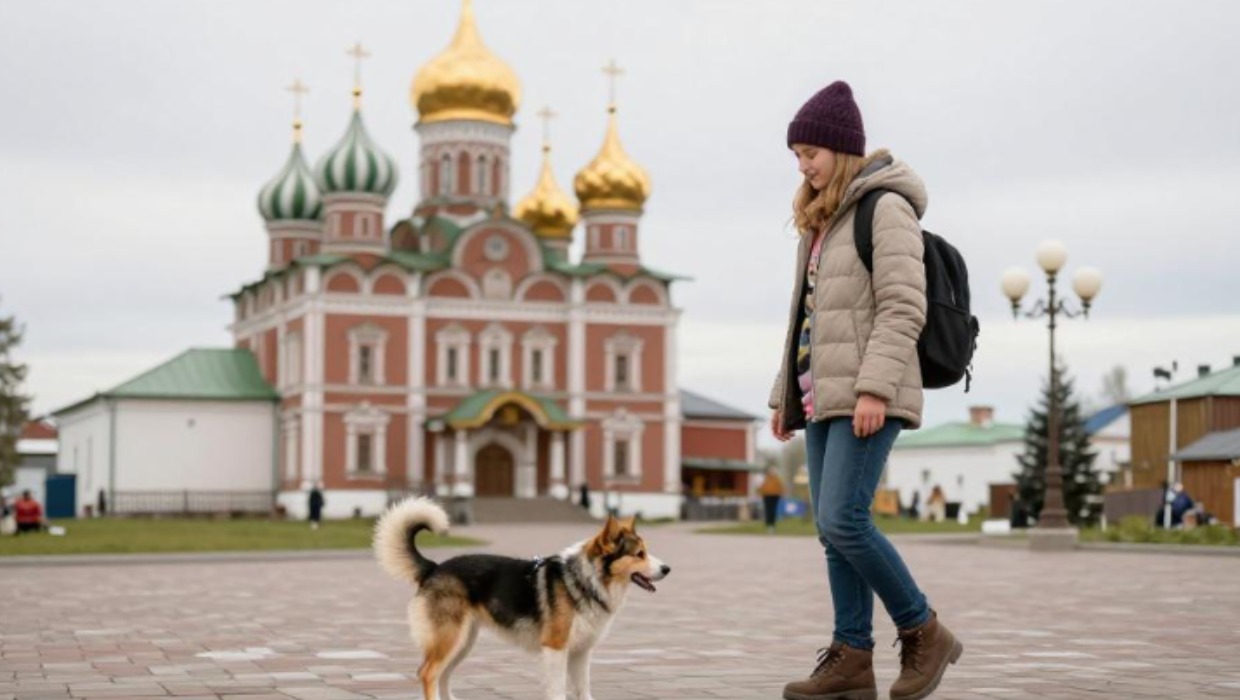 Девушка с собакой путешествую по России
