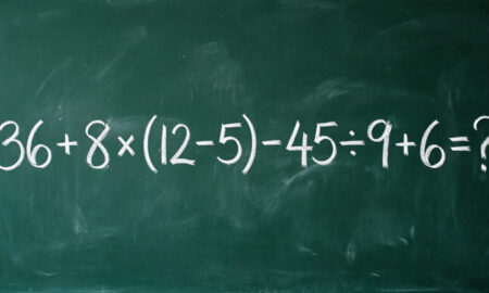 Математический пример 36 + 8 × (12 − 5) − 45 ÷ 9 + 6