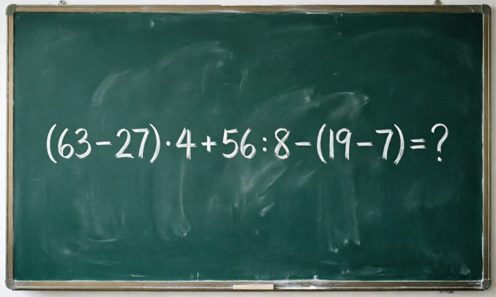 Математический пример (63 − 27) · 4 + 56 : 8 − (19 − 7)