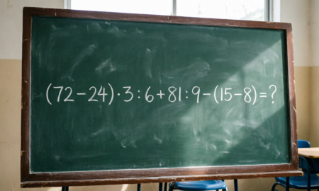 Математический пример: (72 − 24) · 3 : 6 + 81 : 9 − (15 − 8).