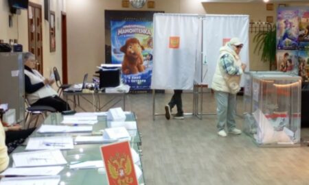 Афиши "Приключения мамонтенка" на участках для голосования.