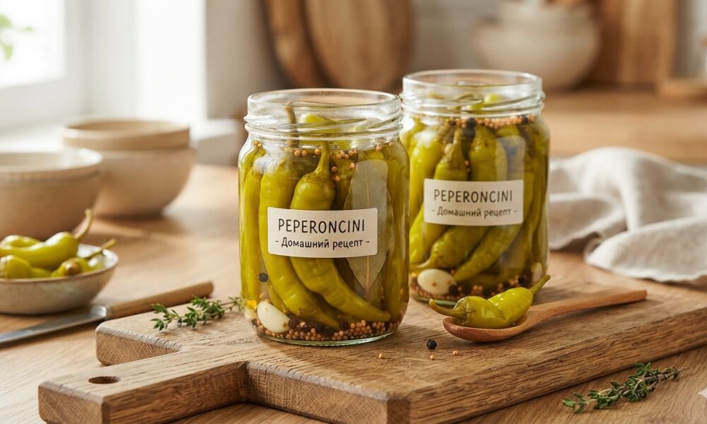 Стеклянная банка с маринованными зелеными перчиками пеперончини на деревянном столе.